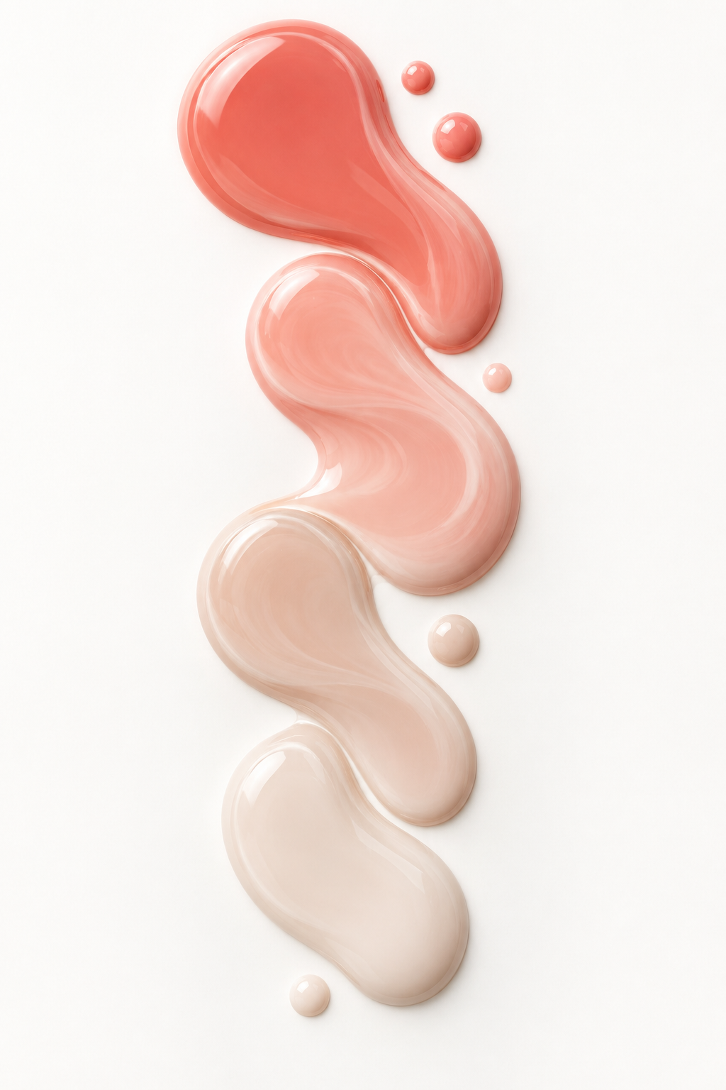 Illustration of glossy coral to nude lacquer drops stacked on porcelain white